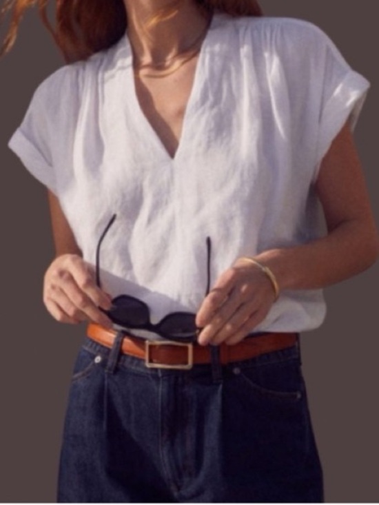 AYR Tops - AYR The Daybreak Top in White Irish Line V Neck Popover Blouse Size Large
